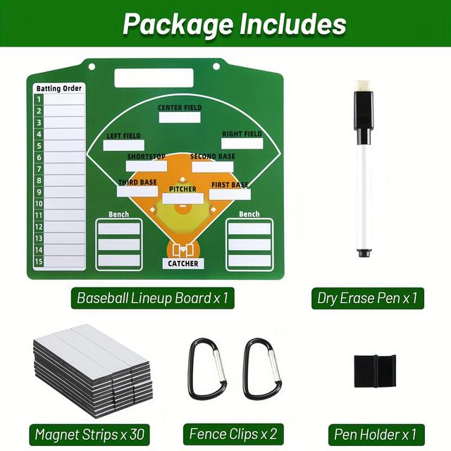 TEMU 1pc, Tableau d'alignement de baseball magnétique pour entraîneur, tableau de de softball double face robuste et durable avec pinces solides et stylo effaçable à sec