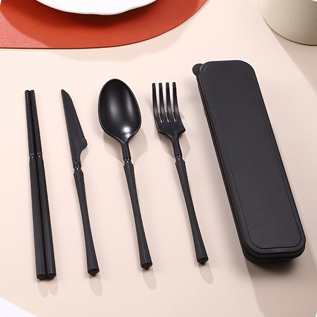 TEMU T 5 db könnyű, hordozható evőeszköz készlet, tartalmaz: kés, villa, kanál, evőpálcika, újrahasználható evőeszközök, ideális otthonra, iskolába és irodai használatra, mosogatógépben mosható
