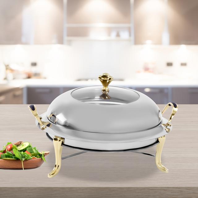 TEMU Plateau de Réchaud en Acier Inoxydable 3L/3.17Qt Argenté+Doré, Diamètre Intérieur 28cm avec Couvercle pour Hôtels, Buffets, Restaurants et Banquets
