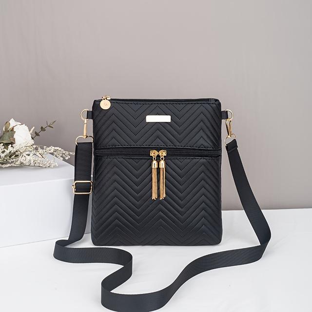 TEMU Fashionable Wave-embroidered Crossbody Bag | Double Zipper Design | Simple Hardware Flat Label | Casual Versatile Shoulder Bag | Solid Color Webbing | Essential Bag For
