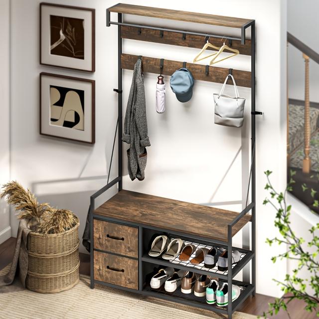 TEMU 6-in-1 Industrial Entryway Cabinet With Coat Rack, Bench & Shoe Shelf - Heavy-duty Brown Wardrobe Suitable For Hallway, Small Spaces - Metal Frame &,