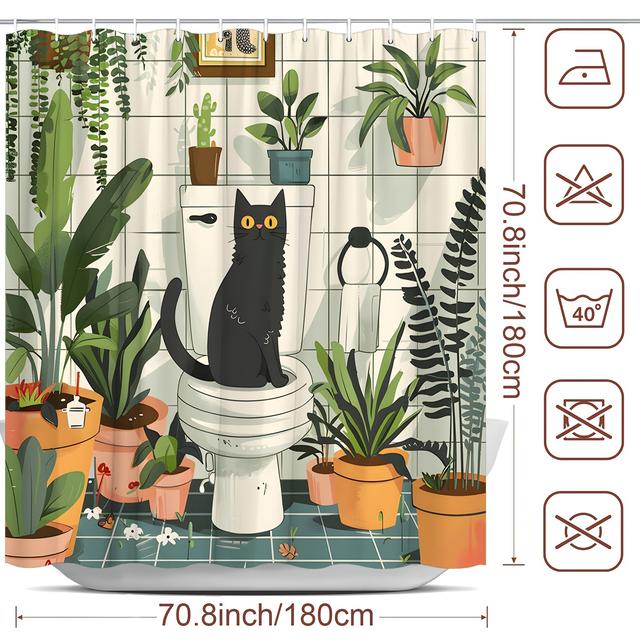 TEMU 2d Flat, 2d Flat, [2d Flat Printing] 1pc Greenery Cat Shower Curtain Flower Bonsai Green Leaf Cartoon Modern Fashion Home Polyester Fabric Bathtub Partition Bathroom Decorative Curtain With Hooks