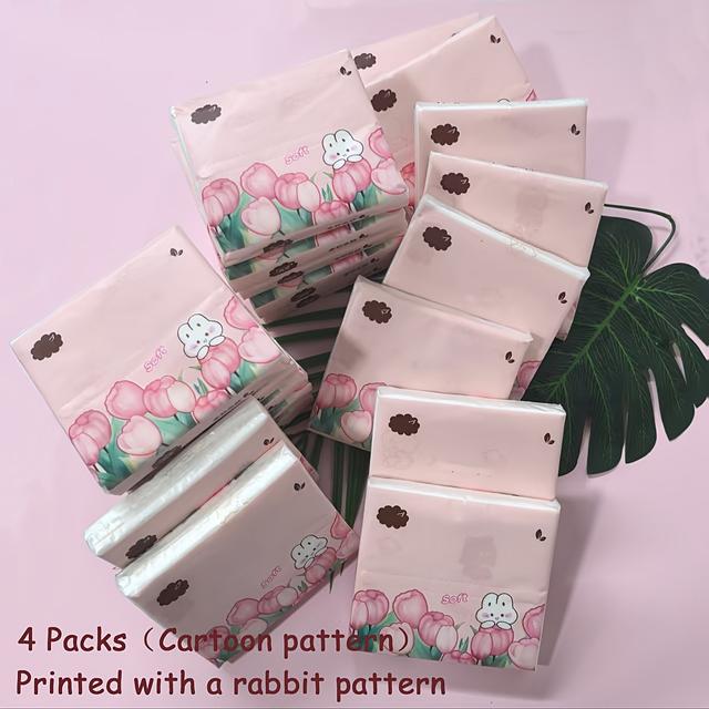 TEMU 귀여운 토끼 & 꽃무늬 패턴 페이셜 티슈 4팩 - 팩당 100장, 부드럽고 튼튼한 4겹 종이, 휴대용 포켓 사이즈 홈/파티/생일/일상 사용 - 재미있는 디자인, 고품질 파티 필수품, 가정 액세서리, 장식적인 티슈 팩, 가벼운 티슈 팩, 멀티팩 티슈 팩, 가족용