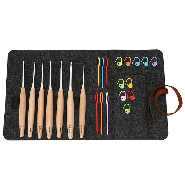 TEMU A 7pcs Wooden Handle Crochet Hook Set, Knitting Tools Crochet Hook Kit, Diy Material Kit With Storage Roll Bag, Crochet Hook Tools In A Roll Bag