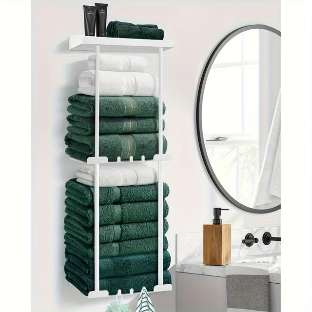 TEMU 3-tier Wall-mounted Bathroom Towel Rack, 73×18×14.5cm, No-drill Design With 6 Hooks And Shelf, Space-saving Large Capacity Towel Holder, Black And White