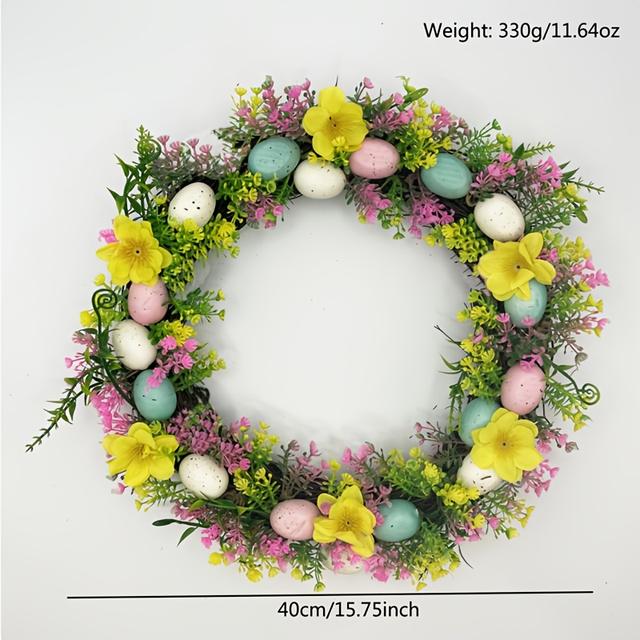 TEMU [wreaths] 40cm/15.7in Large Spring/summer Rattan Wreath, Eucalyptus Wisteria, Egg Wreath, Suitable For Easter And Christmas Decorations. Features 4 Colorful Eggs, Yellow And Red Flowers.