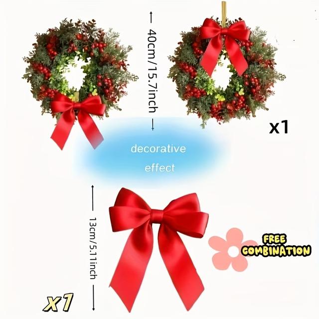 TEMU Premium Upgraded Christmas Wreath With Bow, Designed Extra-large 15.75-inch Size. Made From High-quality Plastic, It Features Realistic Red Leaves