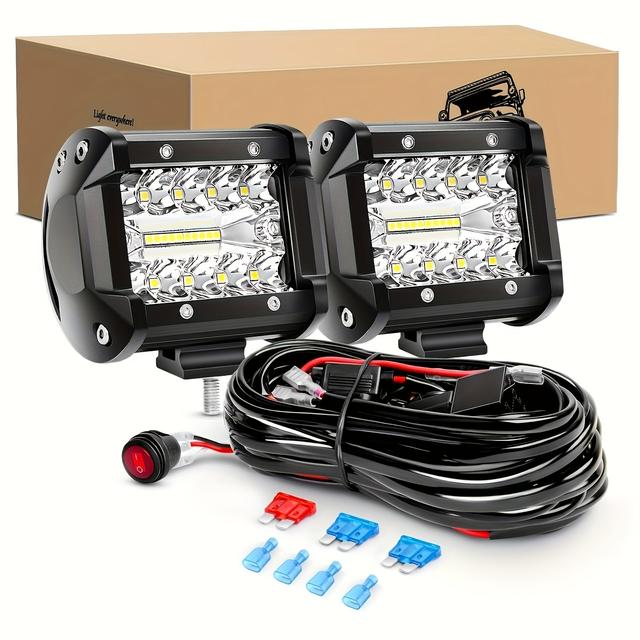 TEMU 2pcs 60w 4 Inch Led Light Bar Combo Pods Triple Row Driving Lamp With 12ft Wiring Harness Kit 2 Leads