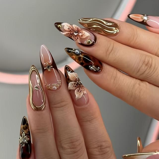 TEMU 24pcs Almond Amber Gradient French Press On Nails 3d Floral And Metallic Chic And High Includes Jelly Glue And Nail File No Fade Perfect For Daily Or Party Wear Must Have For Nail Enthusiasts