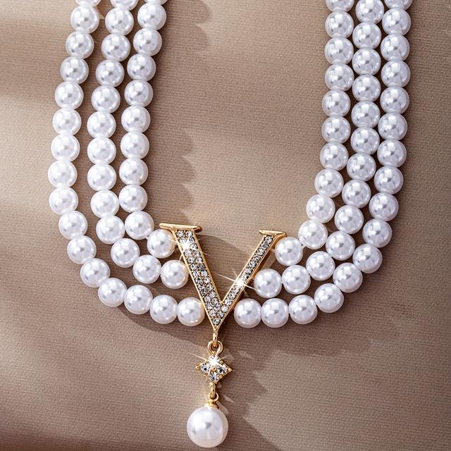 TEMU Elegant Summer Luxury Women's Luxury Pearl Necklace - Multi-strand Chain With Sparkling Accents, Perfect For Weddings & Banquets, Wear, Pearl Jewelry