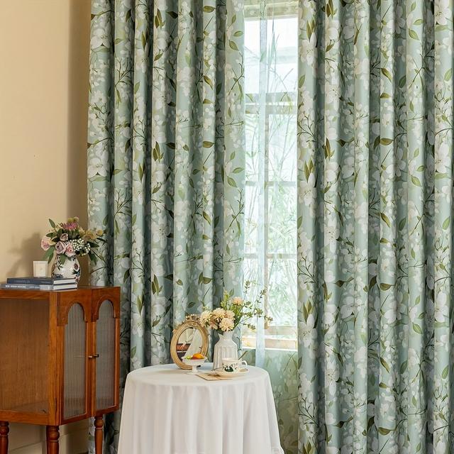 TEMU 1 cortina de flores de verde, 1 pieza, opaca, doble capa compuesta, ideal para el hogar, aislante térmico, perfecta para salas de estar, dormitorios, oficinas, fiestas y decoración diaria