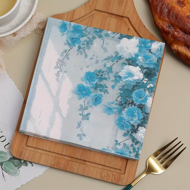 TEMU 20pcs Elegant Blue Floral Paper Napkins, 2-ply - Weddings, Birthdays, Garden Parties & All - Ideal For Restaurants, Kitchens, Coffee Shops Decor, Wedding Napkins