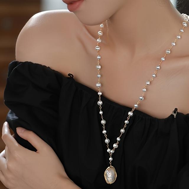 TEMU トな女性用模造ペールロングネックレス - 多用途のセータチェーン、なパターン付きの軽量高級アクセサリー、日常着に最適