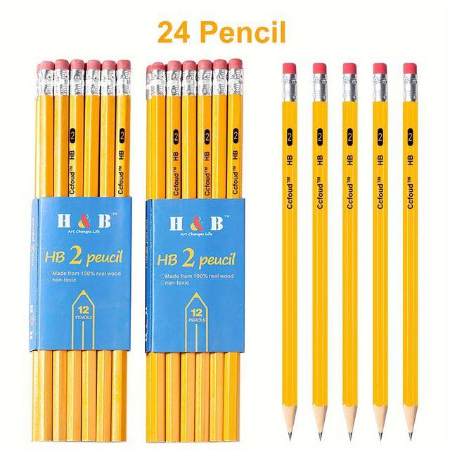 TEMU Hb Hexagon Wooden Pencils With Red Color Eraser, 12/24 Pcs Pencils With Eraser Head, Hb Pencils For Writing, Drawing And Sketching, Yellow Wooden Pencils For Office,for Professional Artistic Use