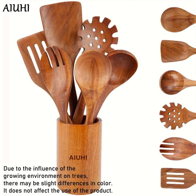 TEMU AIUHI 7-delige - 641G Houten Kooklepels, Niet-Plakkerige Kookgerei, Keukengerei met Houder, Houten Keukengerei