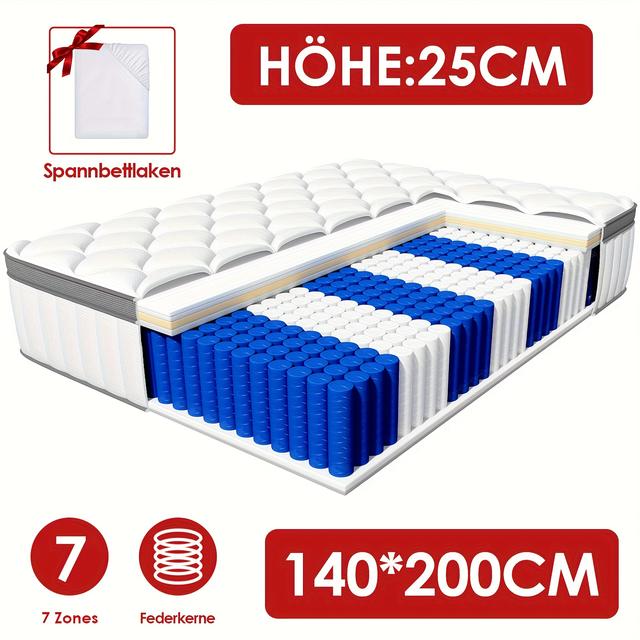 TEMU Matras 140x200cm/160x200cm, Zakvering Matraas 7 Zone Hardheid Niveau H3, Hoogte 22 cm, 7 Seizoenen Verenmat met Afneembare Wasbale Overtrek