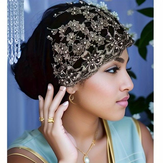 TEMU Elegant Beaded Lace Turban Hat For Women - Polyester Jacquard Elastic Headscarf With Drawstring Closure, Only, Featherless, Versatile Style For Ramadan, Chemotherapy, Eid & Casual Attire