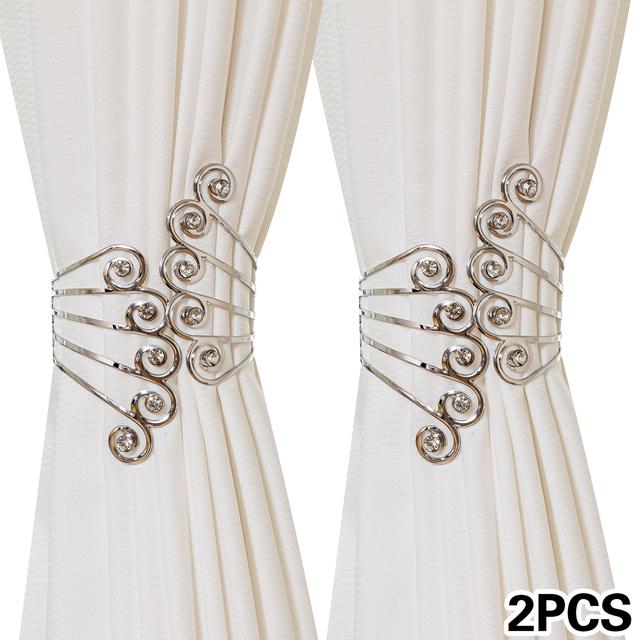 TEMU A Set Of 2 Golden/silvery Metal Creative Curtain Holders That No Drilling, Featuring A With Hollow Diamond Inlays And Adjustable Ties, With Precision For Durability