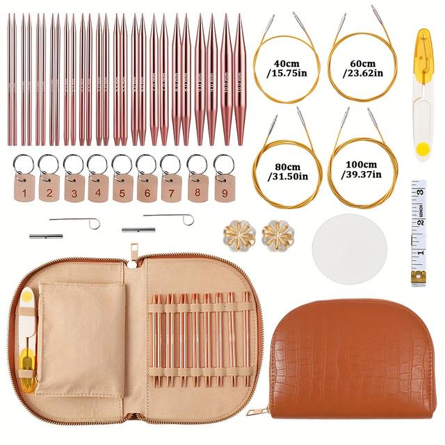 TEMU 루엔 49개 알루미늄 원형 뜨개질 바늘 세트, 인체공학적 손잡이, 교체 가능한 사이즈 13, 보관 케이스 및 액세서리 포함 - 소규모 프로젝트에 이상적, 빨간색, 교체 가능한 뜨개질 바늘, 루엔