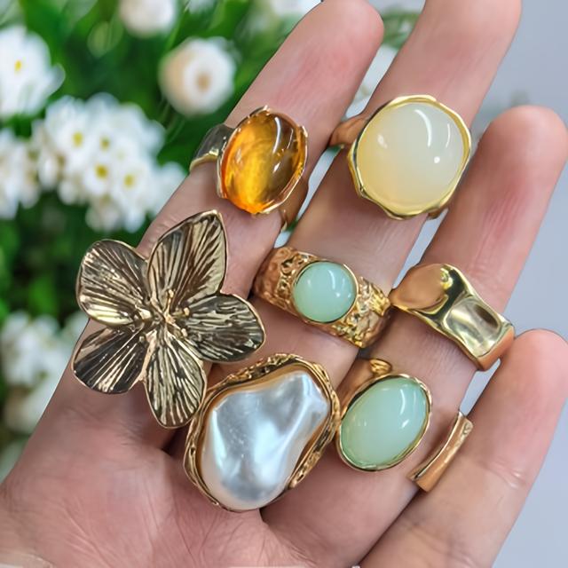 TEMU 7pcs Minimalist Vintage Floral Color Stone Wide Band Ring Set For Women - Beach, Vacation, Party, Date Night, And Casual Attire