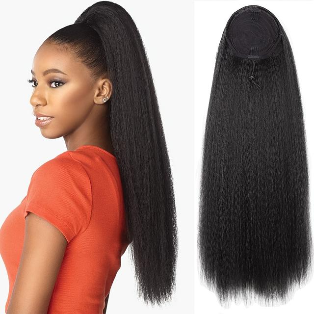 TEMU 28-inch Straight Drawstring Ponytail, Clip-in Kinky Straight Hair Extension For Women And In Black