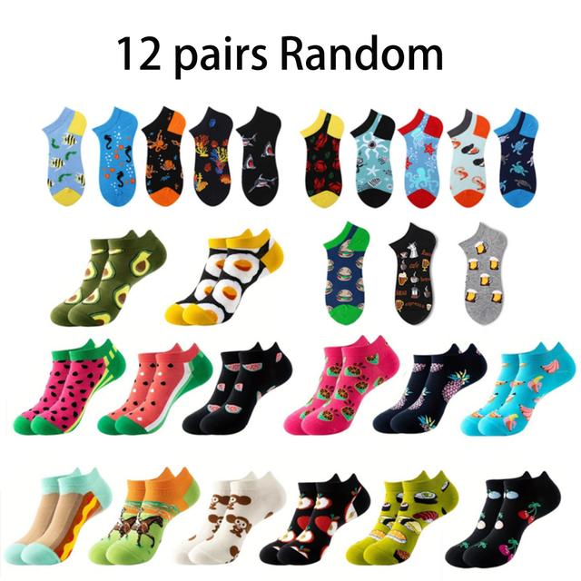 TEMU 12 Pairs Women&;s Breathable Ankle Socks - Color Blocking Geometric & Fruit Vegetable Patterns, Summer Casual Short Socks For Casual Attire, Novelty Socks, Sock Patterns