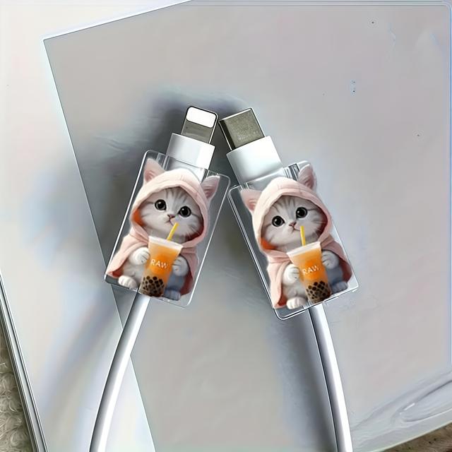 TEMU 2pcs Of Cute Cartoon Cat Data Cable Protectors, Damage-resistant, Type-c Phone Cable Protectors, Beautiful And Durable