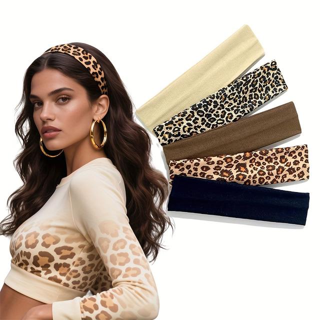 TEMU 5pcs Women's Multicolor Sports Headbands With Leopard , Sweat-absorbing Elastic Hair Bands, Trendy Casual Headbands Suitable For Everyday Hair Additions And Gifts