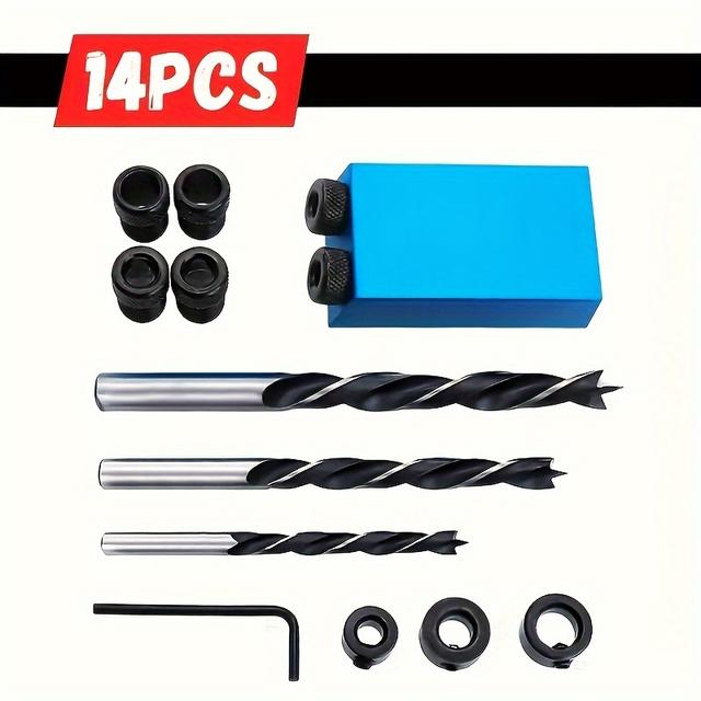 TEMU 7/14pcs Pocket Hole Jig Kit, Woodworking Hole Jig With 6-8-10mm Drive Adapter For Woodworking Angle Drilling Holes Angle Carpentry Locator Jig