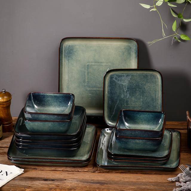 TEMU Retro Grüne Küchen- und Esszimmersets, Quadratische Reaktive Geschirr Kollektion, 16-teiliges Keramikset inklusive Teller, Dessertteller, Schüsseln und Suppenteller. Für 4 Personen.