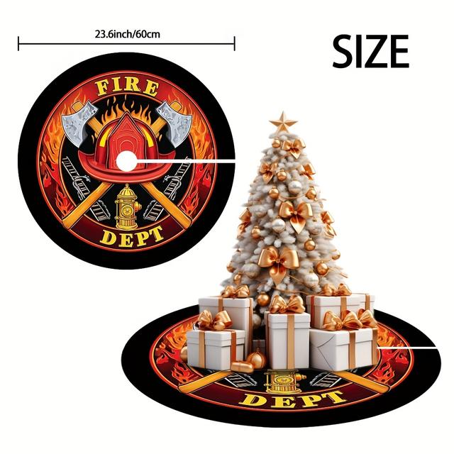 TEMU 1pc Firefighter-themed Fire Christmas Tree Skirt With Fire Hydrant & Firefighter Ladders Design - Red/yellow Logo On Black Round Border, Durable Holiday Decoration For Parties &, Christmas Decor
