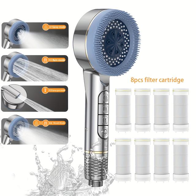 TEMU Душова лійка з 4 режимами масажу та функцією фільтрації, включає 8 змінних фільтрів, доступна в 3 кольорах, призначена для настінного монтажу, не потребує електроенергії