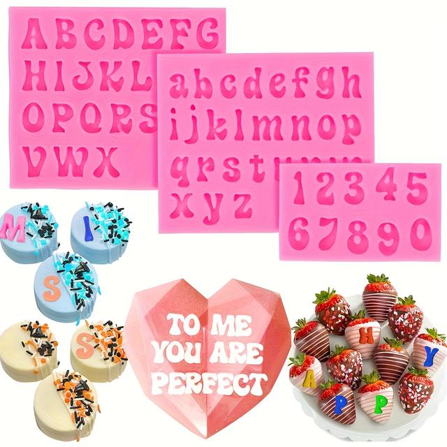 TEMU Conjunto de 3 Moldes de Silicone com Letras Maiúsculas e Minúsculas e Números | Duráveis e Reutilizáveis para Artesanato e Decorações