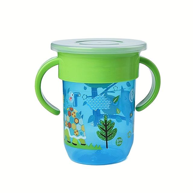 TEMU 360° Wide Mouth Baby Feeding Cup With Lid & Animal/flower Patterns - Heavy-duty Handle, Leakproof Sippy Cup For 6m+ (for 3+ Years) - Durable Plastic Essential, Reusable Cup For On-the