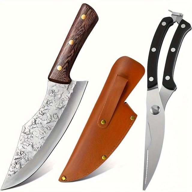 TEMU 2 Stück Set, Kochmesser, Küchenmesser Mit Lederscheide - Handgeschmiedet Chefmesser, Zum Schneiden Messer, Japanisches Scharf Messer, Scissors For Chicken Bones And Food