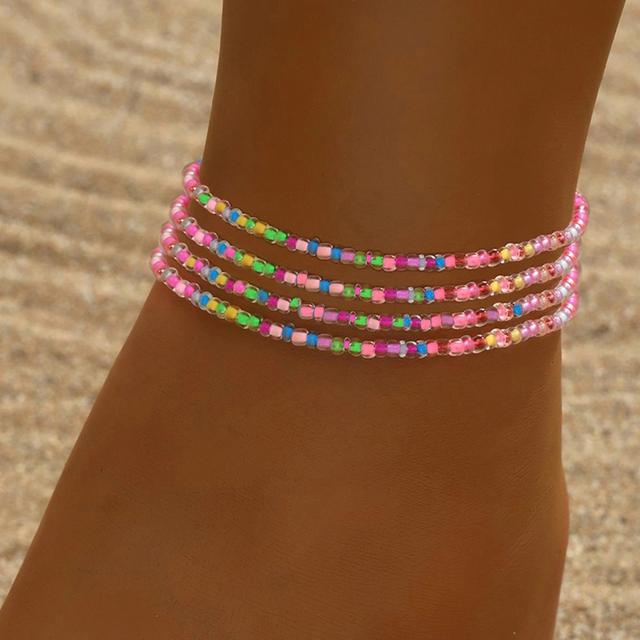 TEMU 4pcs Set Of Colorful Anklets In Bohemian Style, Perfect For Summer Beach Wear, Elastic Foot Jewelry For Women's Vacation Decoration.