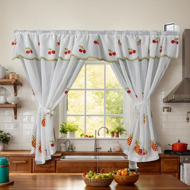 TEMU 【商品名】刺繍入り、ダブルレイヤー＆プニングの小さくてフなキッチンカーテンセット。リビング、寝室、キッチンの仕切りとして最適。窓の網戸やコーヒーカーテンとしても使用可能。