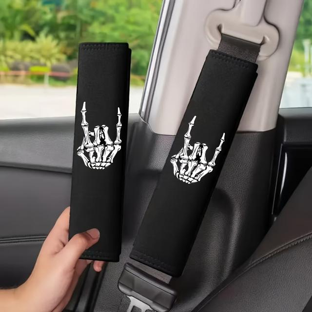 TEMU Zestaw 2 nowych nakładek na pas samochodowy z motywem czaszki - miękkie i wygodne osłony, które poprawiają jazdy, czarne, ochraniacze na pasy.