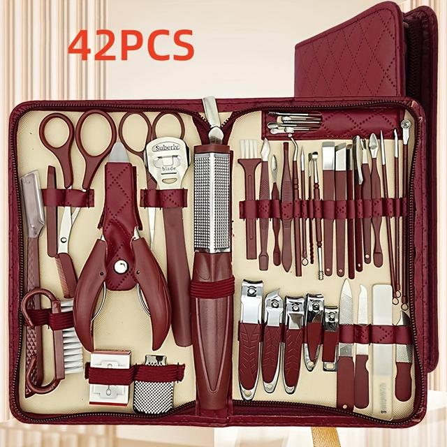 TEMU 42pcs Professional Manicure & Pedicure Set - Stainless Steel Nail Clippers, Cuticle Nippers, Grooming Tools With Portable Travel Case, Nail Tech Supplies, Beauty Tools