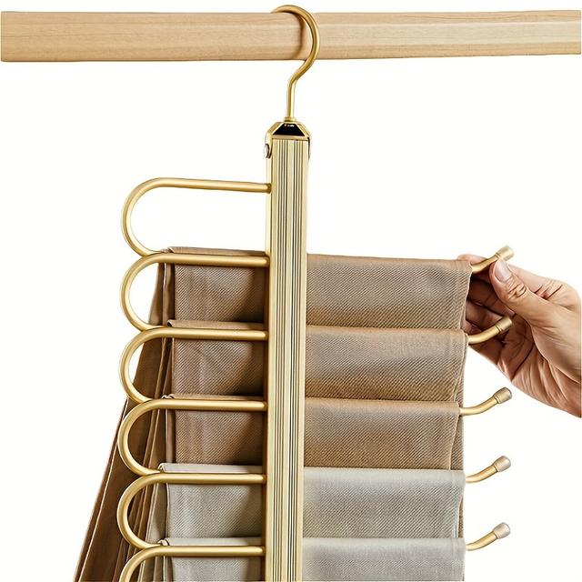 TEMU 6-in-1 Golden Stainless Steel Pants Hanger - Rotatable, Non-slip Rack For Efficient Storage Of Trousers, Jeans, Scarves - Ideal For Home, Travel & Dorm Use