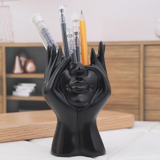 TEMU 1pc Resin Art Pen Holder In Face-holding Design - Decor Accent, Available In White, Golden, And Black - Organizing Writing Instruments, Pens For Writing