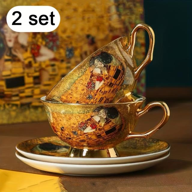 TEMU Europäisches vergoldetes Luxus-Bone-China-Kaffeebecher-Set mit Untertasse, Vintage Englisch Bone-China-Nachmittagsteebecher, Teetassen-Set Porzellanbecher mit Metalllöffel