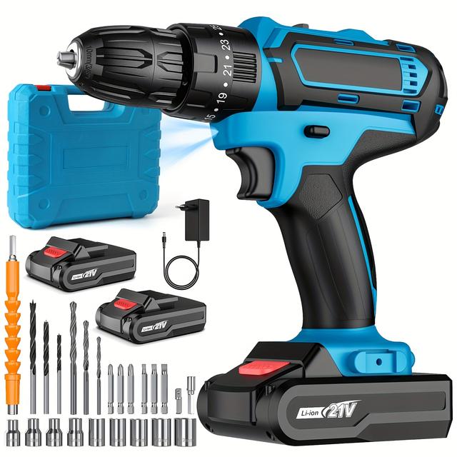 TEMU Juego de taladro eléctrico inalámbrico con batería y cargador, taladro recargable 21V lítio, destornillador portátil, herramienta eléctrica para tornillos, juego de brocas