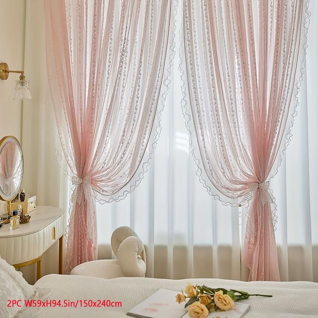 TEMU 2개 세트 레이스 튤 러플 커튼, 더블 레이어 비즈 장식 러플 보일 쉬어 커튼, 로맨틱 창문 장식 커튼, 거실, 사무실, 홈 데코용
