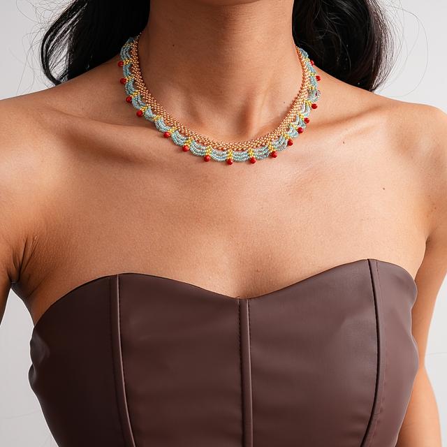 TEMU Mehrschichtige Damen-Spitzenkette mit runden Glasperlen, Nischenmode, eleganter High-End-Halschmuck