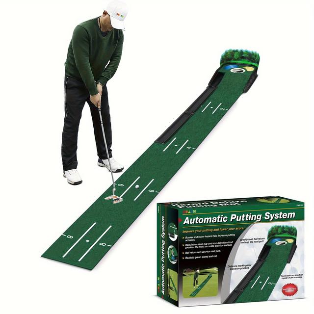 TEMU Huaen Golf Putting Golf Putting Mat, 8ft Practice Putting Mat With 3d Backplate, Alignment Guides And Ball Return