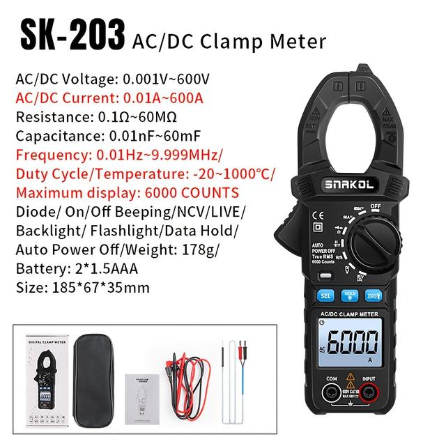 TEMU SNAKOL -203 АЦ/ПС Змінний струмовий затискач 600А Цифровий амперметр Плоскогубці True RMS Мультиметр Професійний електричний мультитестер