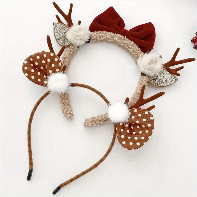TEMU Lemon Love 2pcs Girls' Christmas Antler Headband With Reindeer Bows - Multicolor Accessory For Party, For Photos, For Birthdays - & Little Gift (2 Bows)