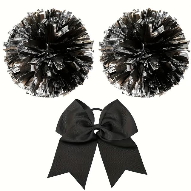TEMU Black Silvery Cheerleader Pom-pom With Colorful Flowers, Ring Style Black With Bow Team Sports Party Stage Headwear Cheerleading Supplies