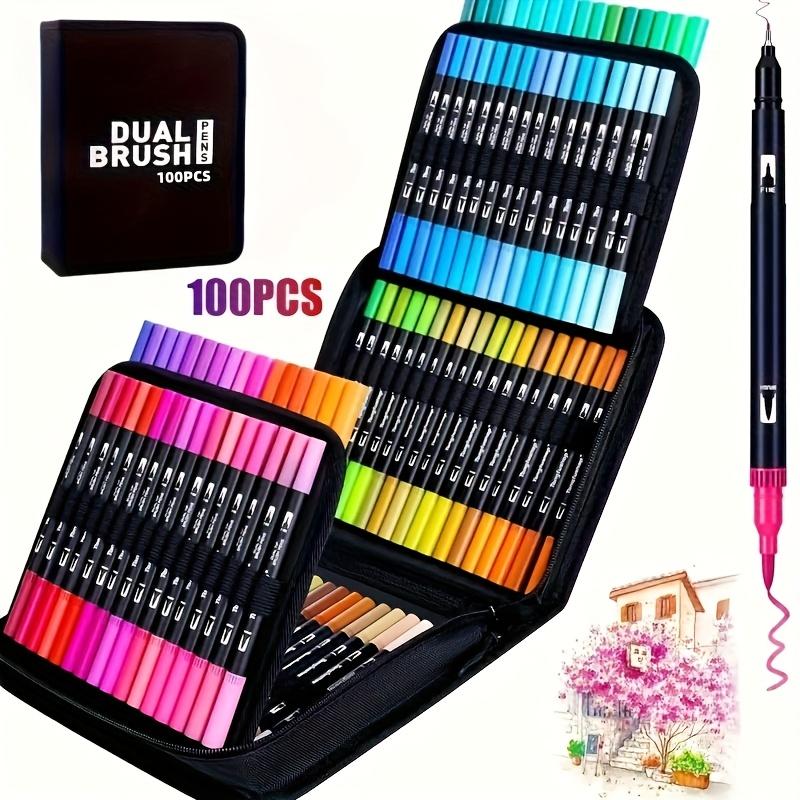TEMU 100 Stück Dual-Tip Pinselstifte, 100 Farben Fineliner Kunstmarker für zarte Malbücher für Erwachsene, Karten, Malerei, Schreibtischbedarf für Lehrer